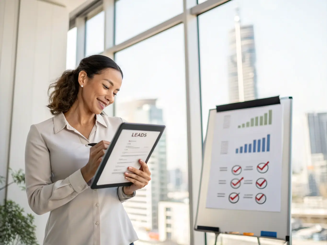An image of a business professional reviewing a list of leads on a tablet with growth charts in the background, representing SEA TOWN's lead generation services.