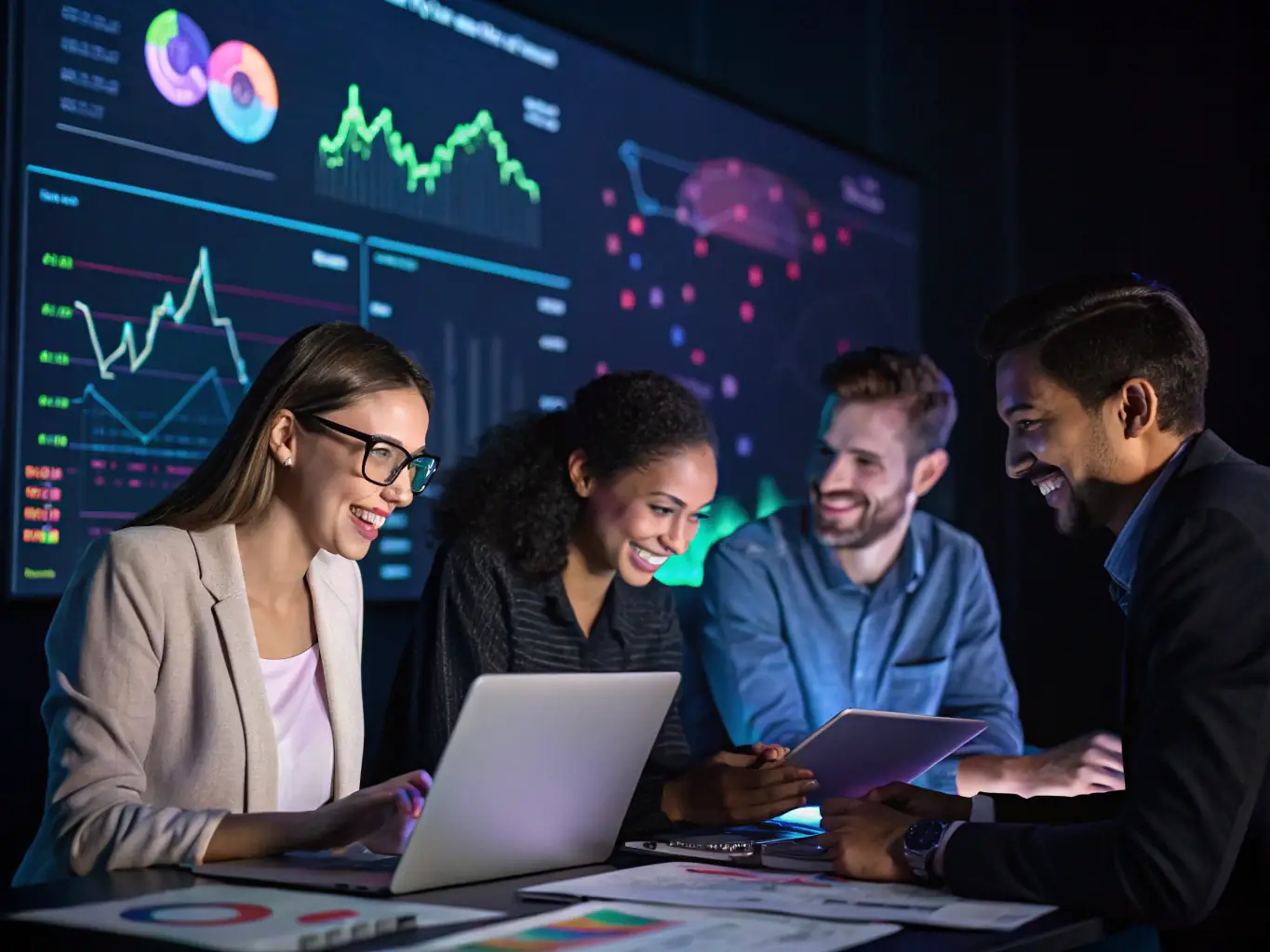 An image showing a team analyzing digital marketing analytics on a large screen with graphs and charts, showcasing how software can enhance digital marketing efforts.