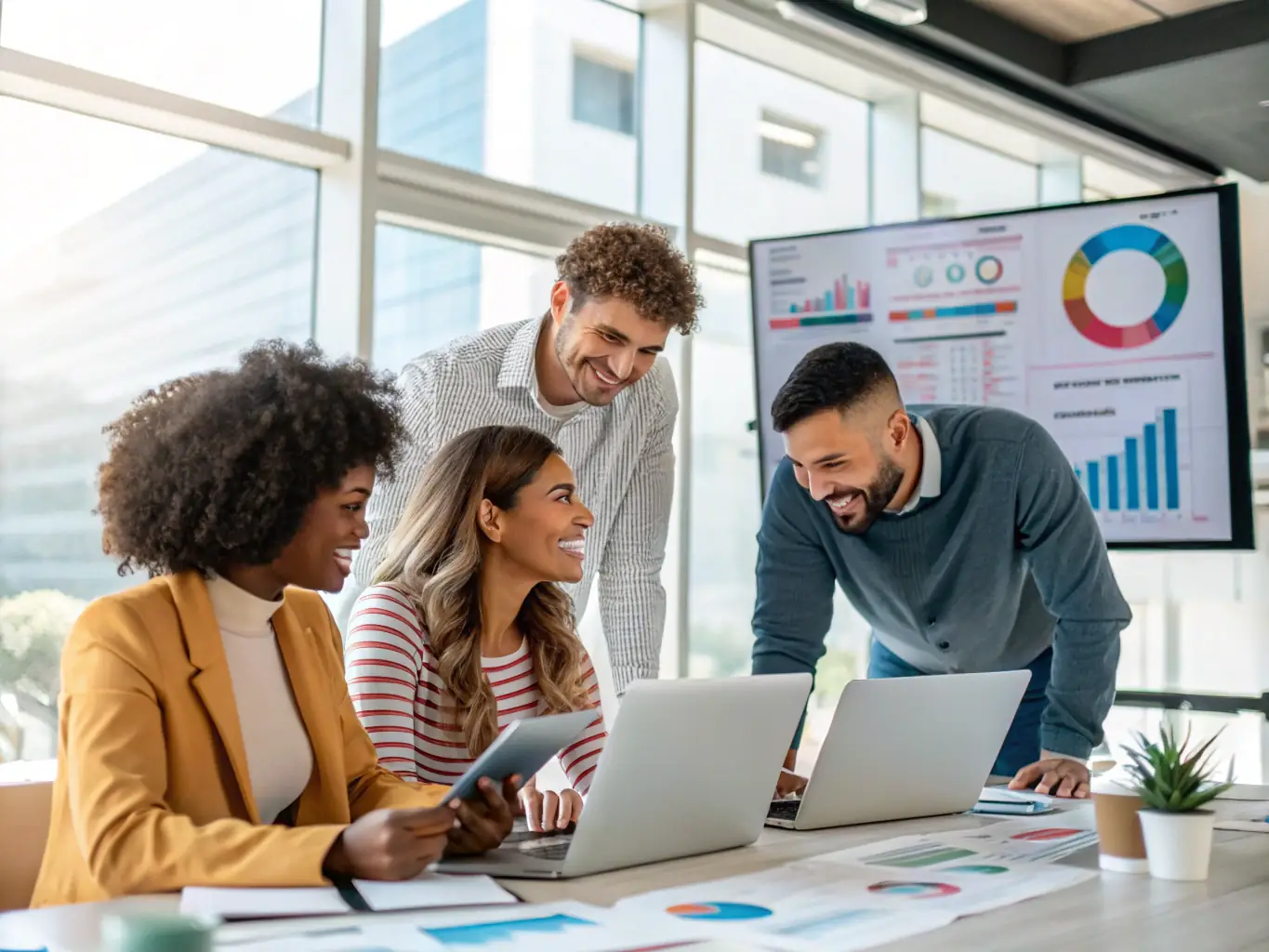 An image showing a team analyzing digital marketing analytics on a large screen with graphs and charts, representing SEA TOWN's digital marketing services.