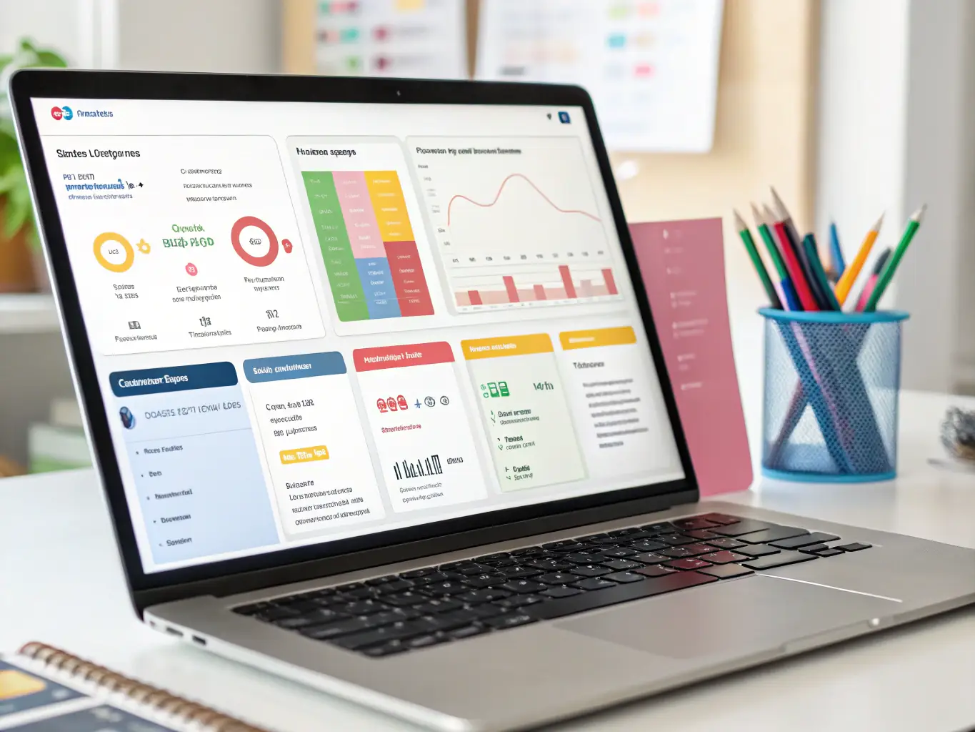A computer screen displaying a dashboard of project management software with colorful charts and task lists, used to illustrate the benefits of SEA TOWN's software sales.