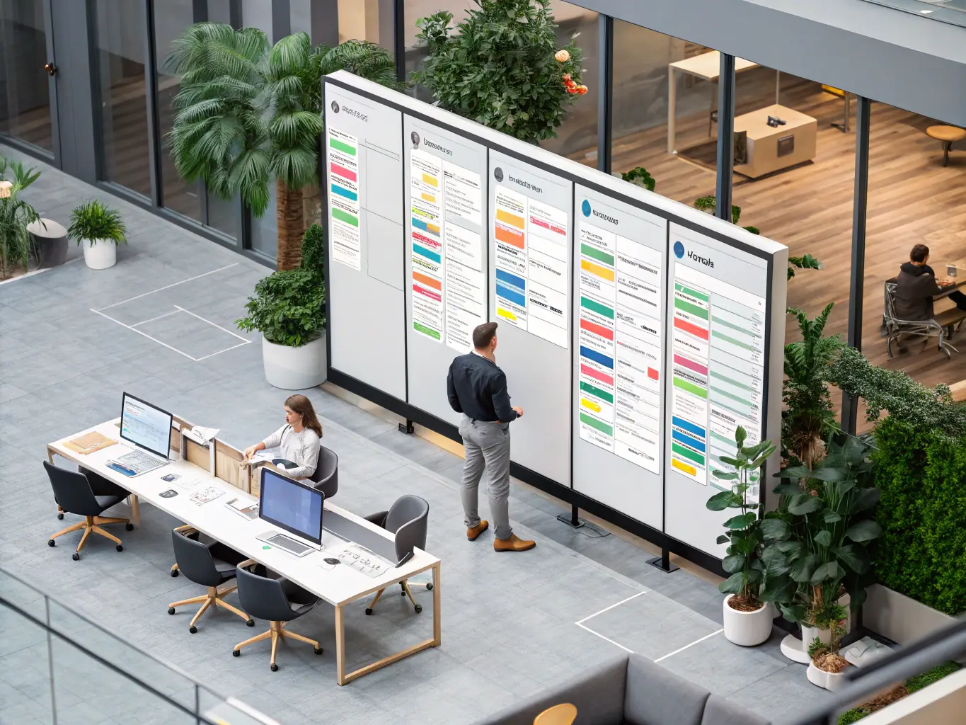A digital illustration of project management software interface, showcasing task assignments, progress tracking, and team collaboration features, set in a modern office environment.
