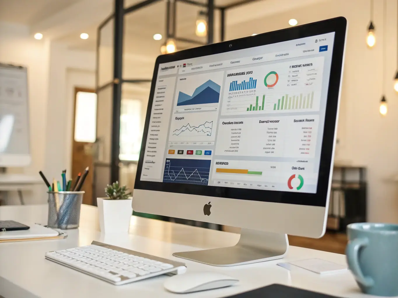 A digital illustration of accounting software interface, displaying financial reports, transaction tracking, and budgeting tools, set in a professional financial environment.