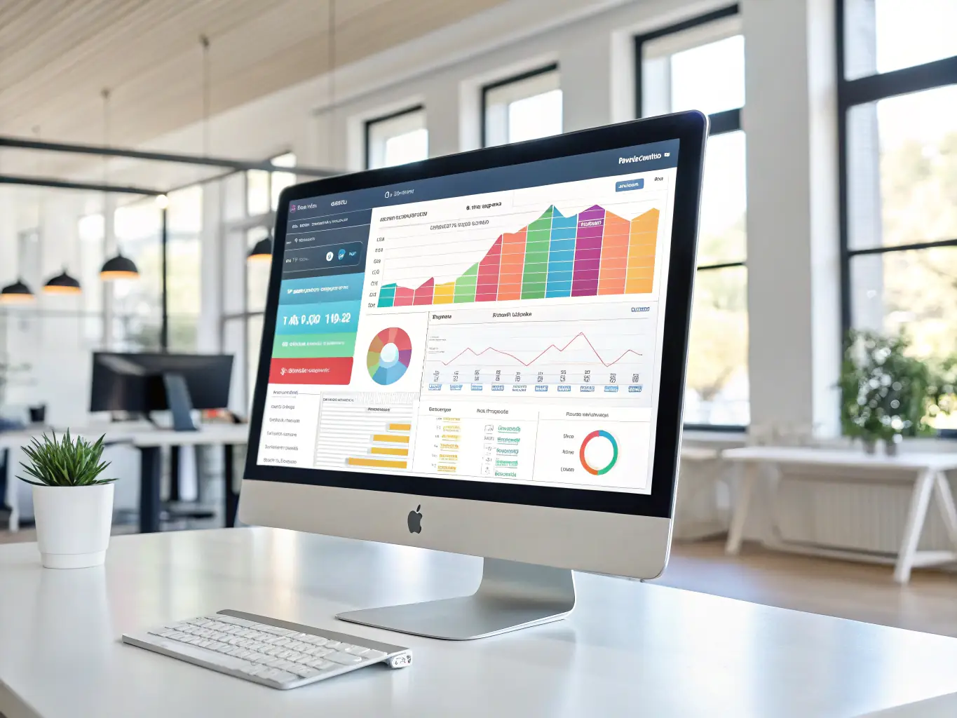 An image illustrating advanced software solutions, such as project management tools, CRM systems, and data analytics platforms, highlighting SEA TOWN's capabilities in streamlining business operations.